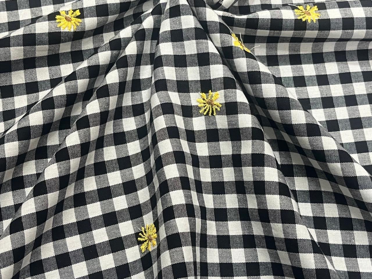 100 % Cotton BLACK AND WHITE PLAIDS  Fabric Embroidered with tiny yellow flowers [16342]