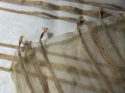 100% Silk mettalic tissue organza fabric DARK IVORY   with jute stripe design 54 INCHES WIDE [16858]]