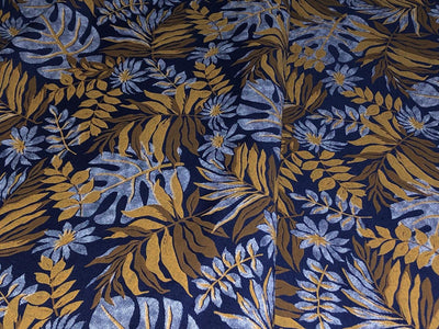 100% Cotton Denim  Fabric 58" wide JUNGLE LEAVES BLUE AND BROWN [16513]