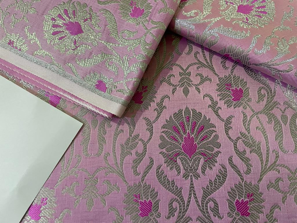 Silk Floral Fabric Lampas Brocade, 2 2/3 Yards Botanical Poppies, Gray, popular Pink 57