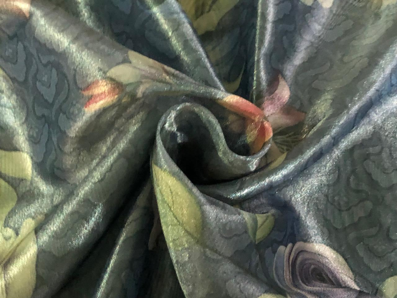 Silk metallic tissue organza fabric FLORAL JACQUARD 44 INCHES WIDE available in 2 colors grey with gold, pink ,blue flowers AND greeny gold with pink and orange flowers