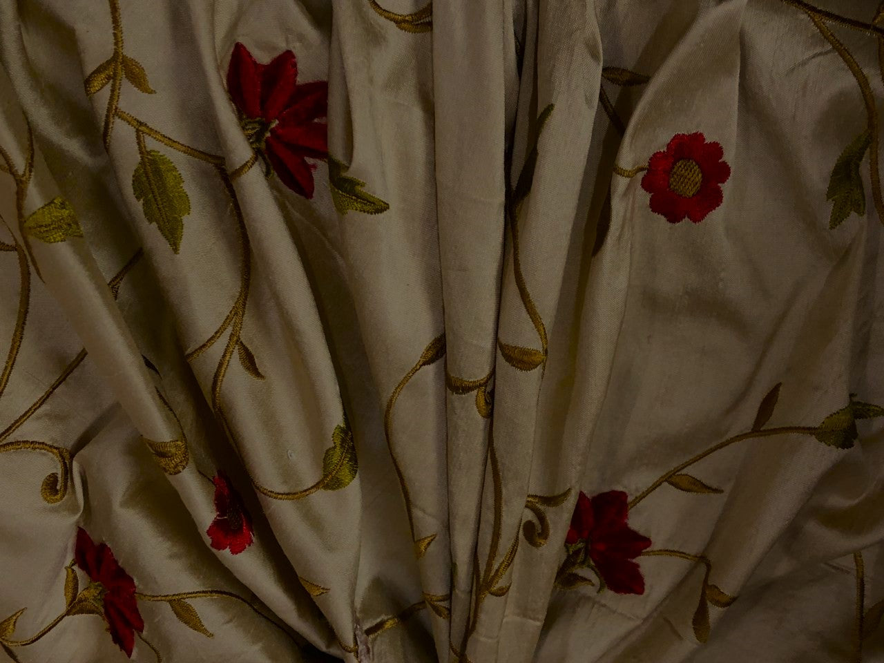 100% Silk dupioni silk  beige with blood red floral embroidery 110" wide DUPE68