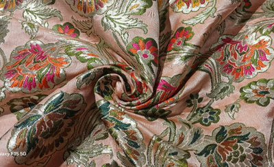 Brocade Heavy KING KHAB  Fabric PASTEL PEACH with red green ,  mustard and metallic white gold floral jacquard BRO985[1]