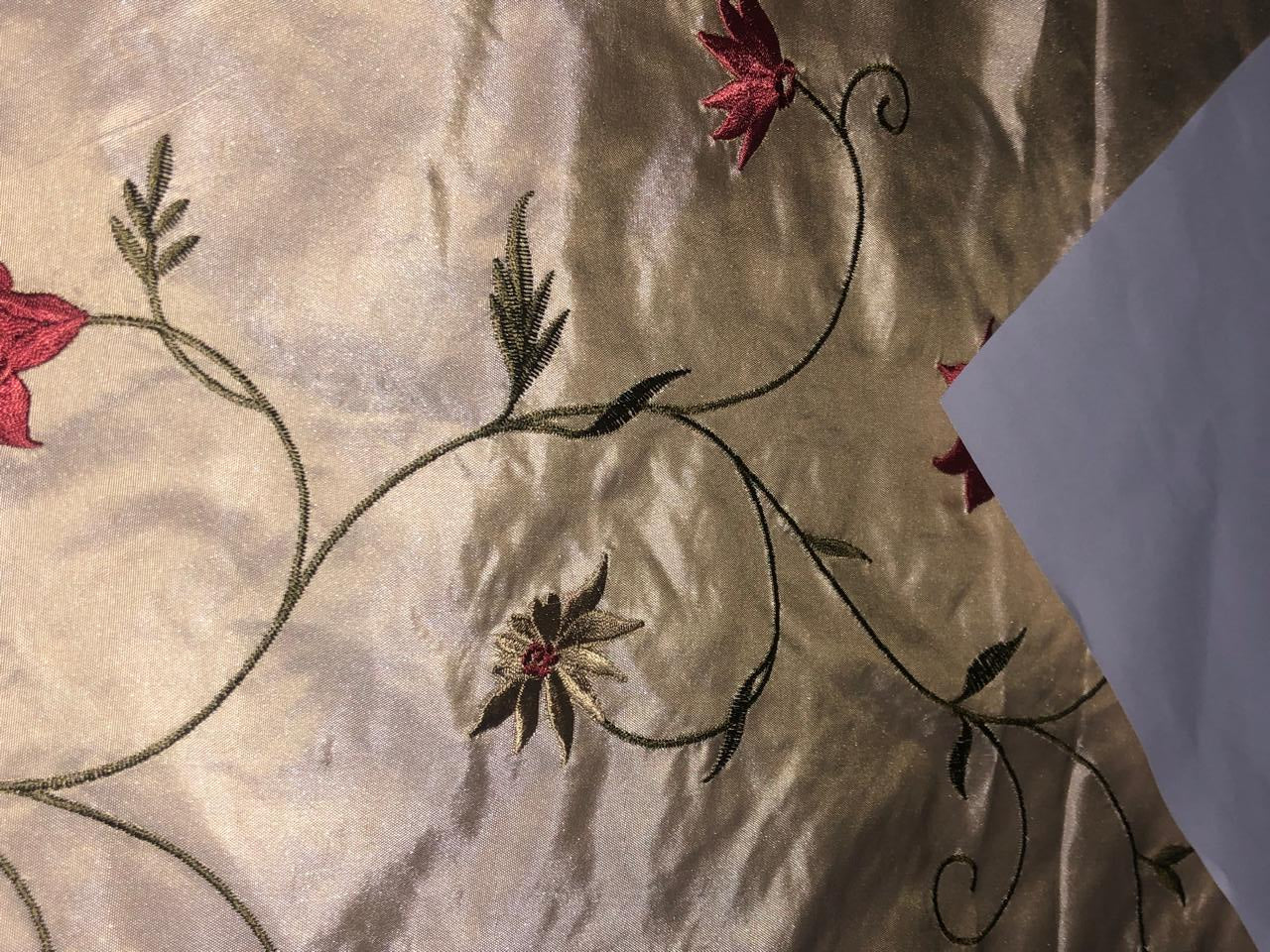 100% Silk TAFFETA  EMBROIDERY 44" WIDE cream with scarlet, brown ,blue and yellow flowers TAFE22[3]