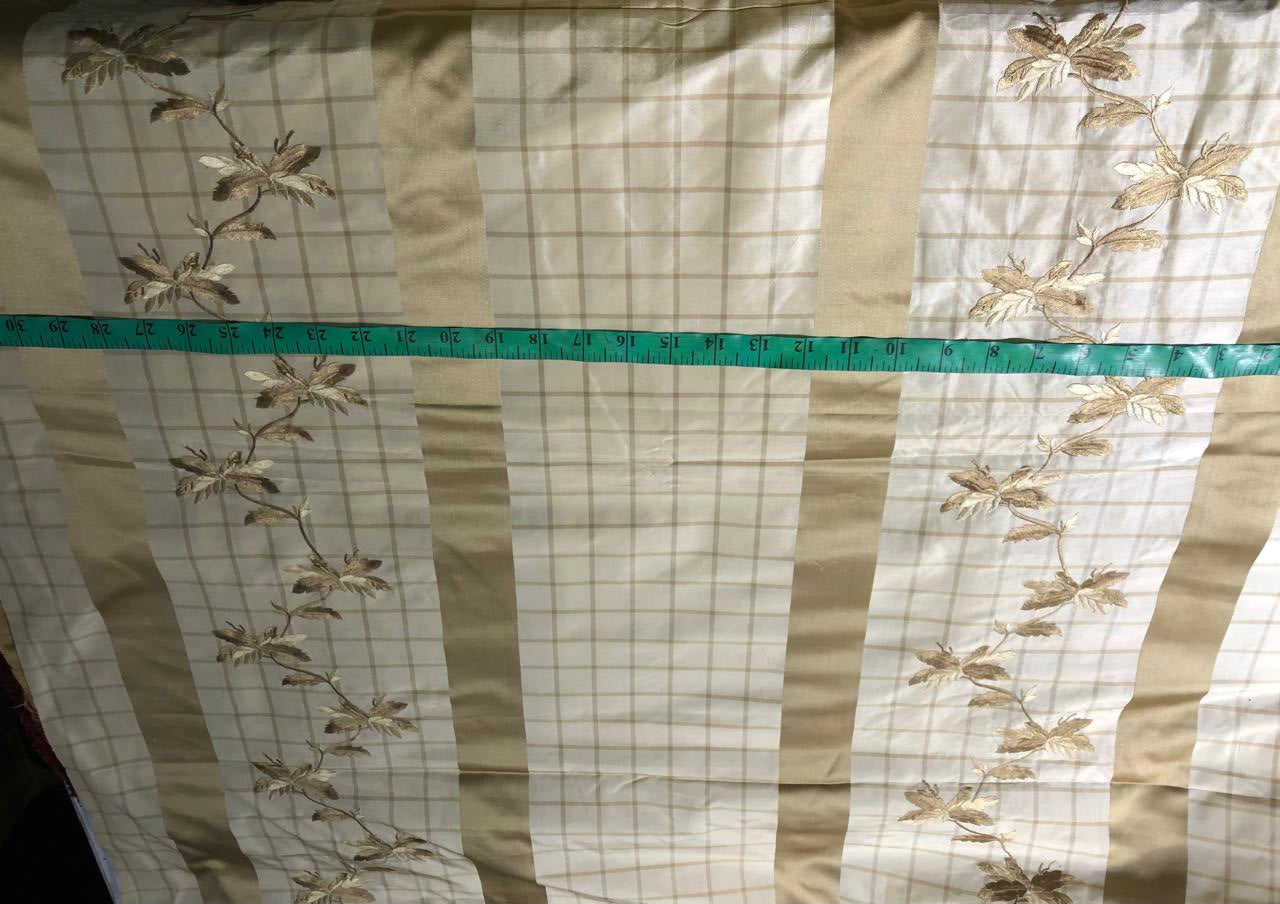 100% Silk Taffeta Jacquard Fabric  CREAM AND GOLD PLAIDS WITH GOLD JACQUARD LEAVES TAFJACNEW19