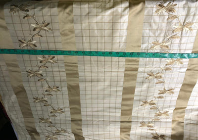 100% Silk Taffeta Jacquard Fabric  CREAM AND GOLD PLAIDS WITH GOLD JACQUARD LEAVES TAFJACNEW19