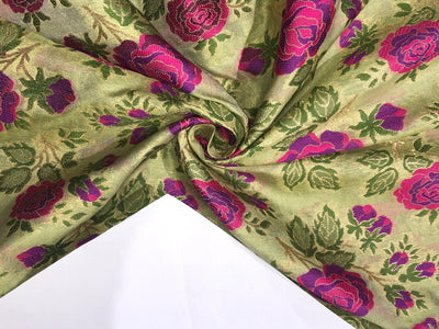 Brocade Fabric Mint  with pink purple rose Jacquard x metallic gold  Color 44" WIDE BRO982[1]