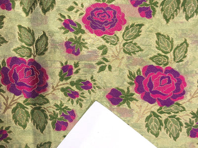 Brocade Fabric Mint  with pink purple rose Jacquard x metallic gold  Color 44" WIDE BRO982[1]