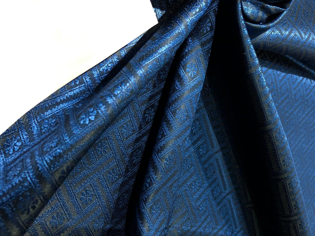 Silk Brocade  fabric~ satin 44" wide   jacquard INK BLUE AND BLACK GEOMETRICAL  BRO996[2]