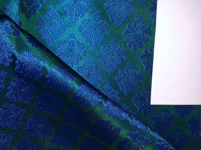 Silk Brocade Fabric  emerald green with royal blue motif 44" wide BRO954[2]