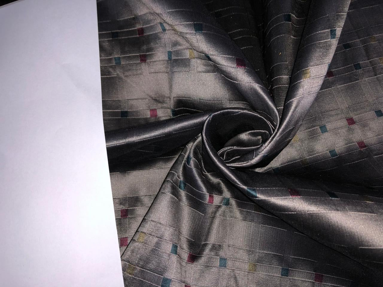 100% Silk Taffeta Jacquard Fabric  GREY jacquard plaids  with gold, kingfisher green and watermelon pink stripes 54" wide TAFJACNEW14[3]