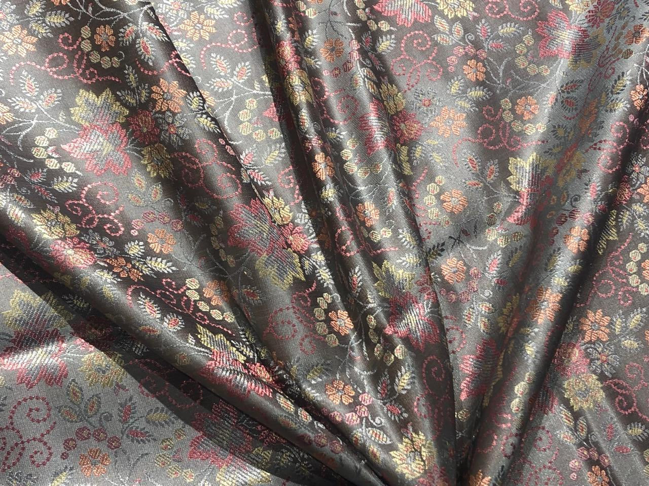 Silk Brocade fabric 44" wide silver grey with pink and yellow flowers  FLORAL JACQUARD  BRO959[3]