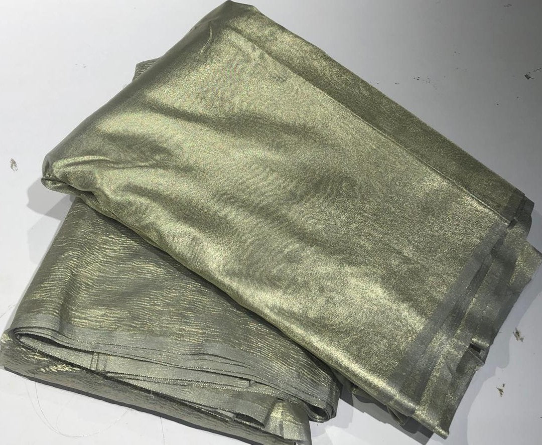 Metallic tissue Crushed and Solid   44" wide available in 6 sets of matching crush and solid silver grey with a green tinge/green x metallic gold/rosewood x metallic gold/TYRIAN purple x metallic gold/RASBERRY x gold and chocolate brown x metallic gold