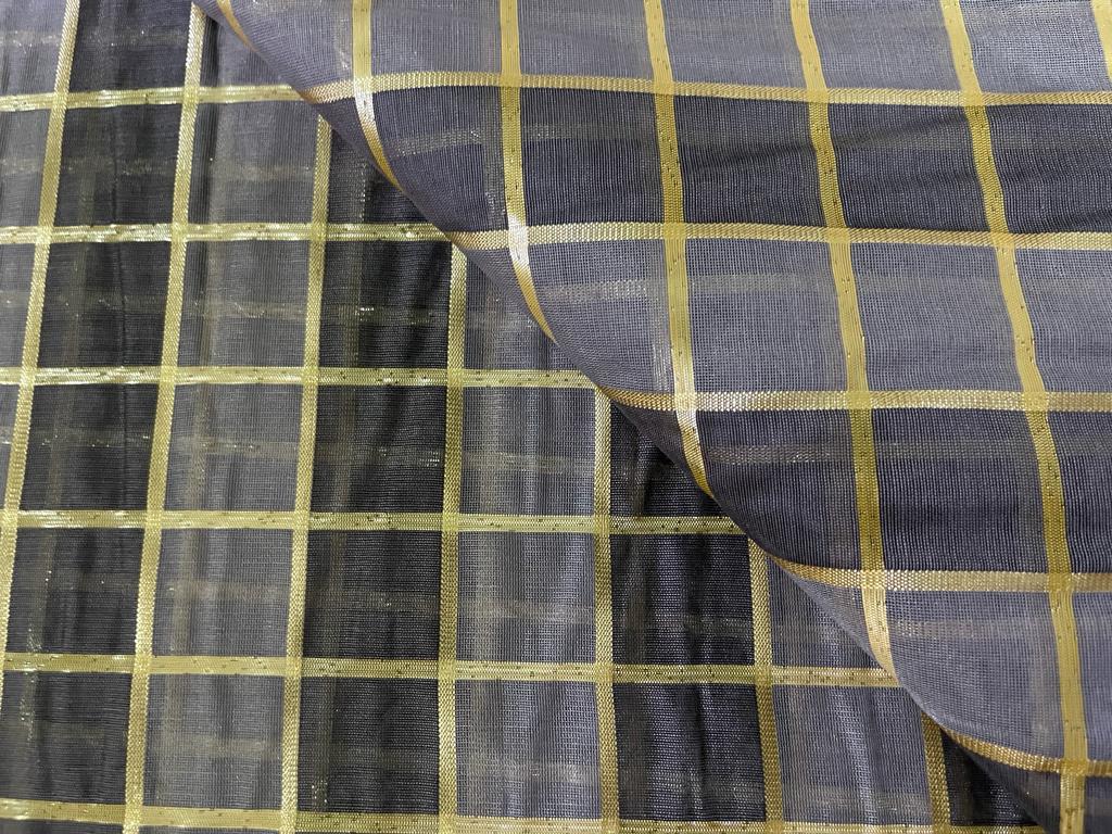 Cotton chanderi fabric plaids shade of grey &amp; metallic gold 44" wide [9260]