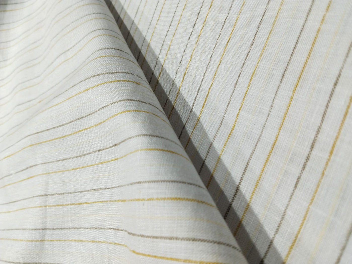 100% Linen stripe 60's Lea Fabric 58" wide available in two colors blue/ white and ivory ,yellow and brown .