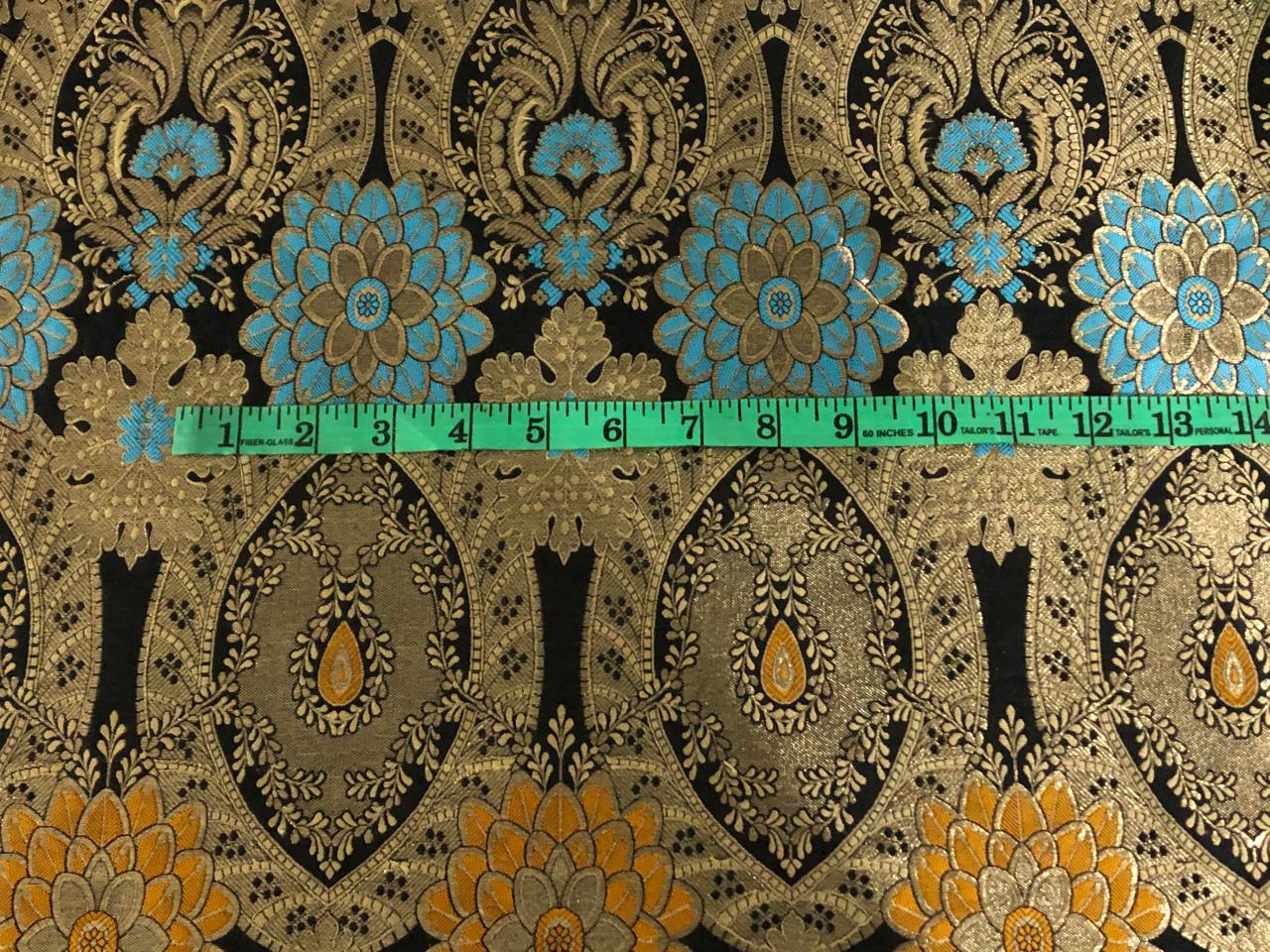 Silk Brocade Fabric BLACK ,metallic gold ,red ,blue and mustard Color 44" wide BRO775[5]