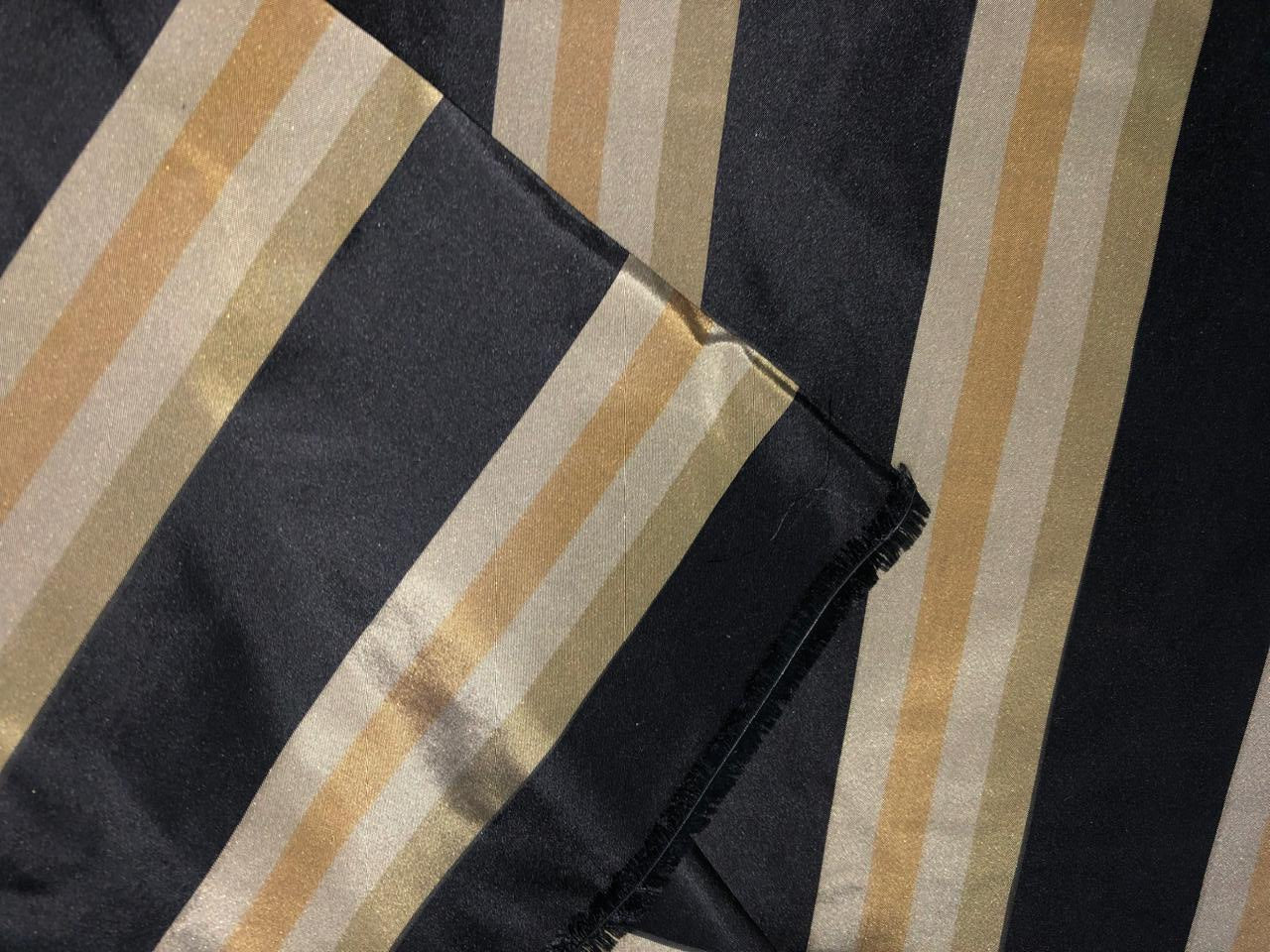 100% Silk Taffeta Fabric BLACK/TAUPE,MUSTARD  Stripes 54" WIDE TAFS163[2]