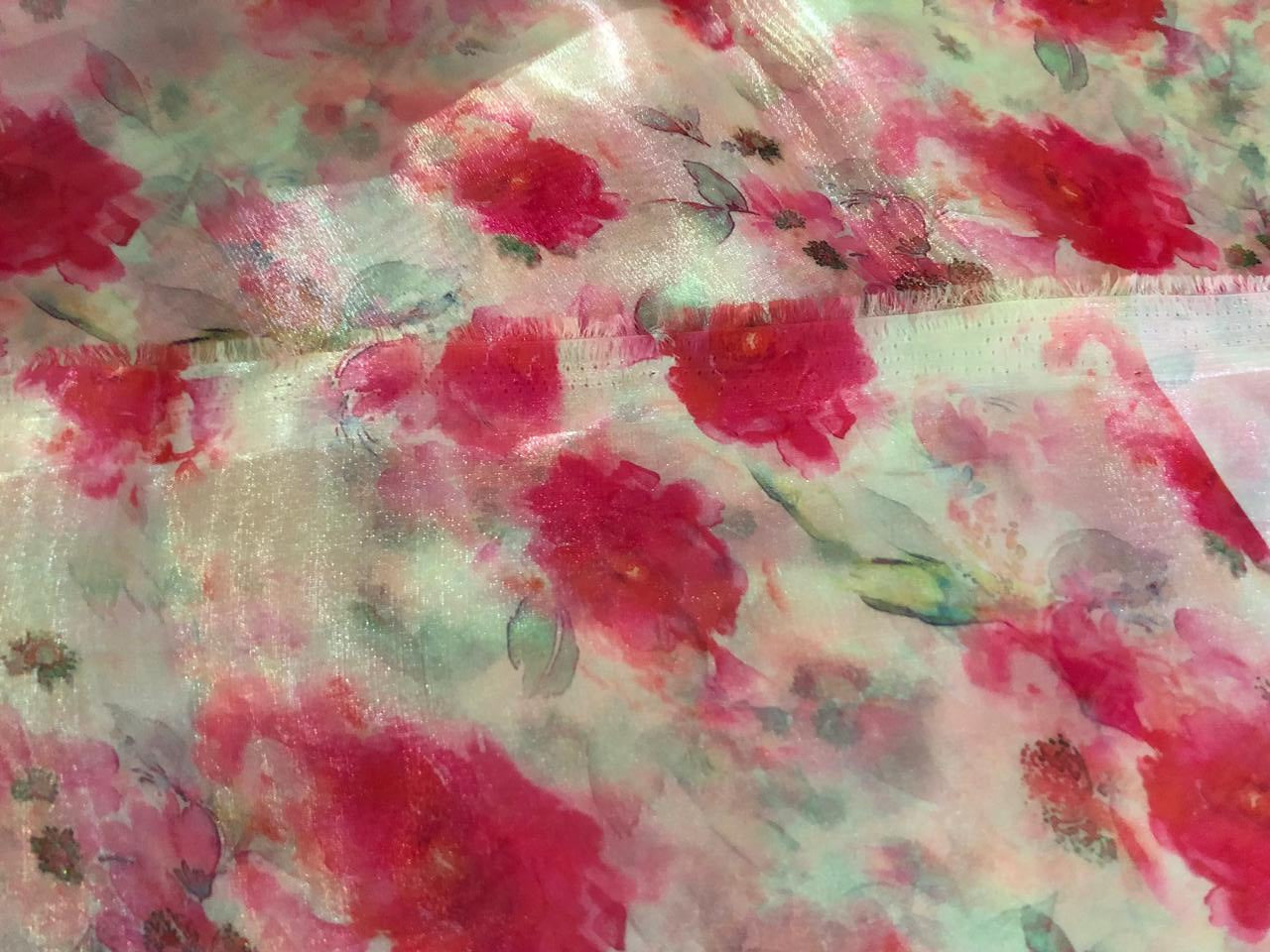 Shimmer Organza  fabric, Gleam sheer fabric Digital Print 54" wide available in 3 prints ivory with a spray of pink roses/cream with blue ,pink orange flowers and bright yellow with pink and blue flowers