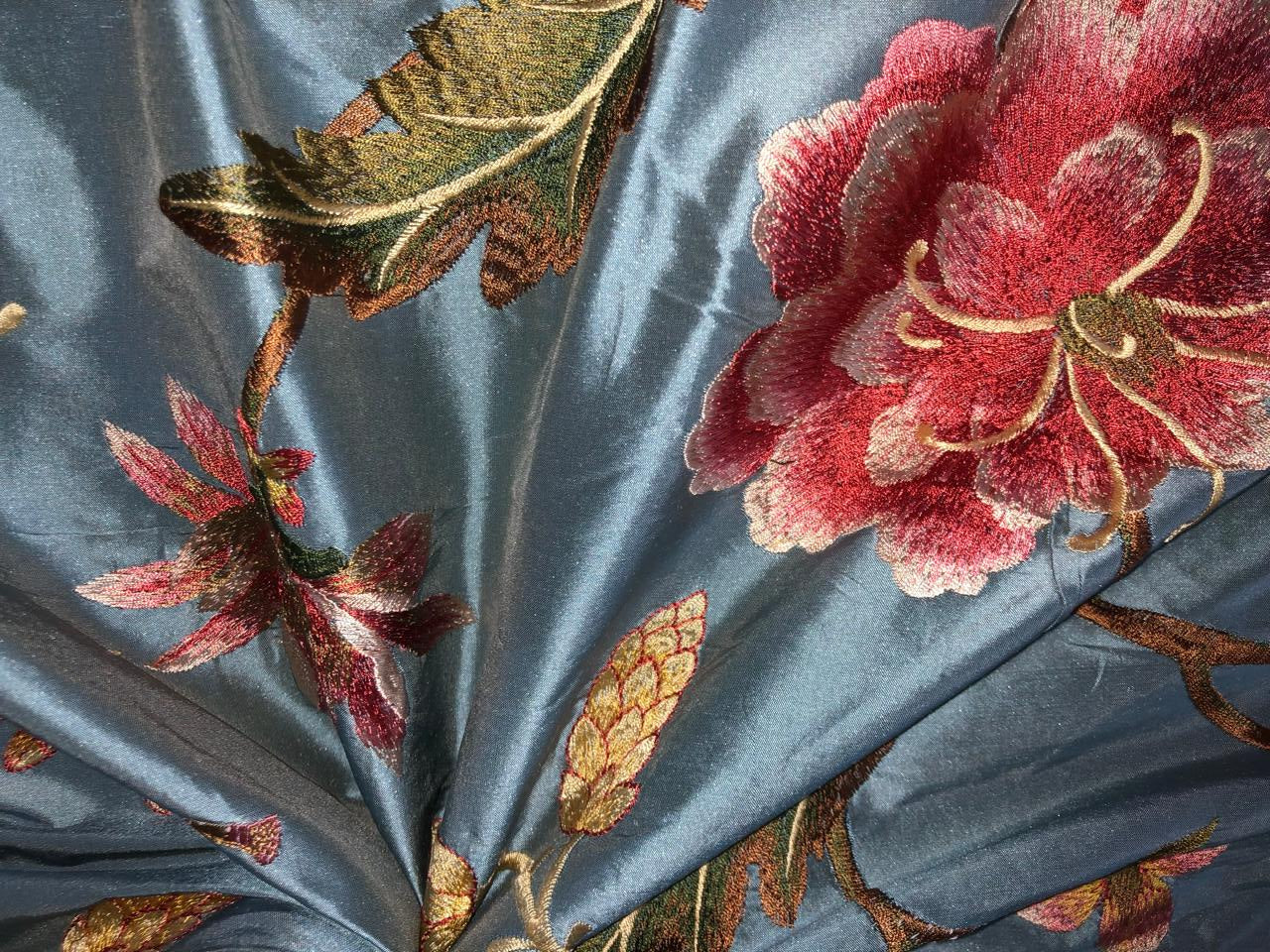 100% Silk dupioni silk 54&quot;-Blueish grey [slate blue] with floral embroidery in salmon pink, beige floral DUPE66