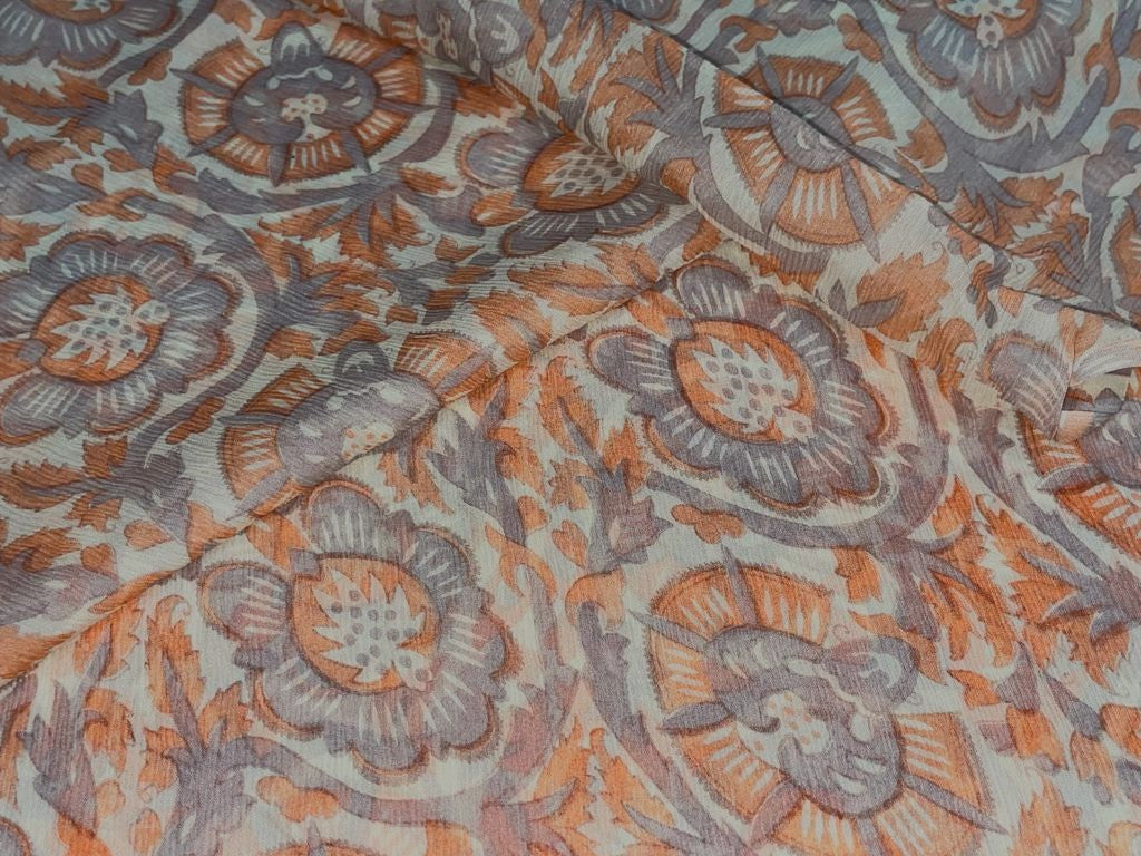 Chiffon printed  cream ,orange peach and light grey color fabric 58" wide [15450]