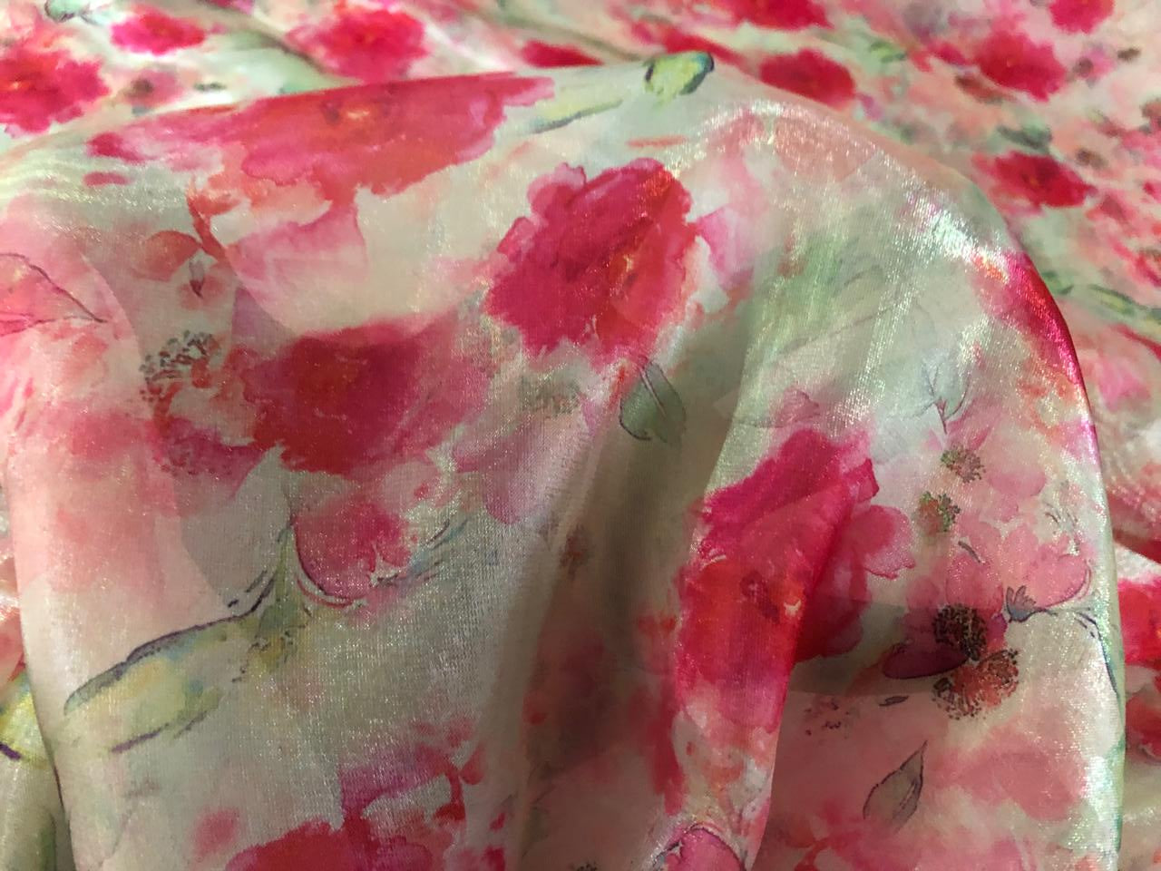 Shimmer Organza  fabric, Gleam sheer fabric Digital Print 54" wide available in 3 prints ivory with a spray of pink roses/cream with blue ,pink orange flowers and bright yellow with pink and blue flowers