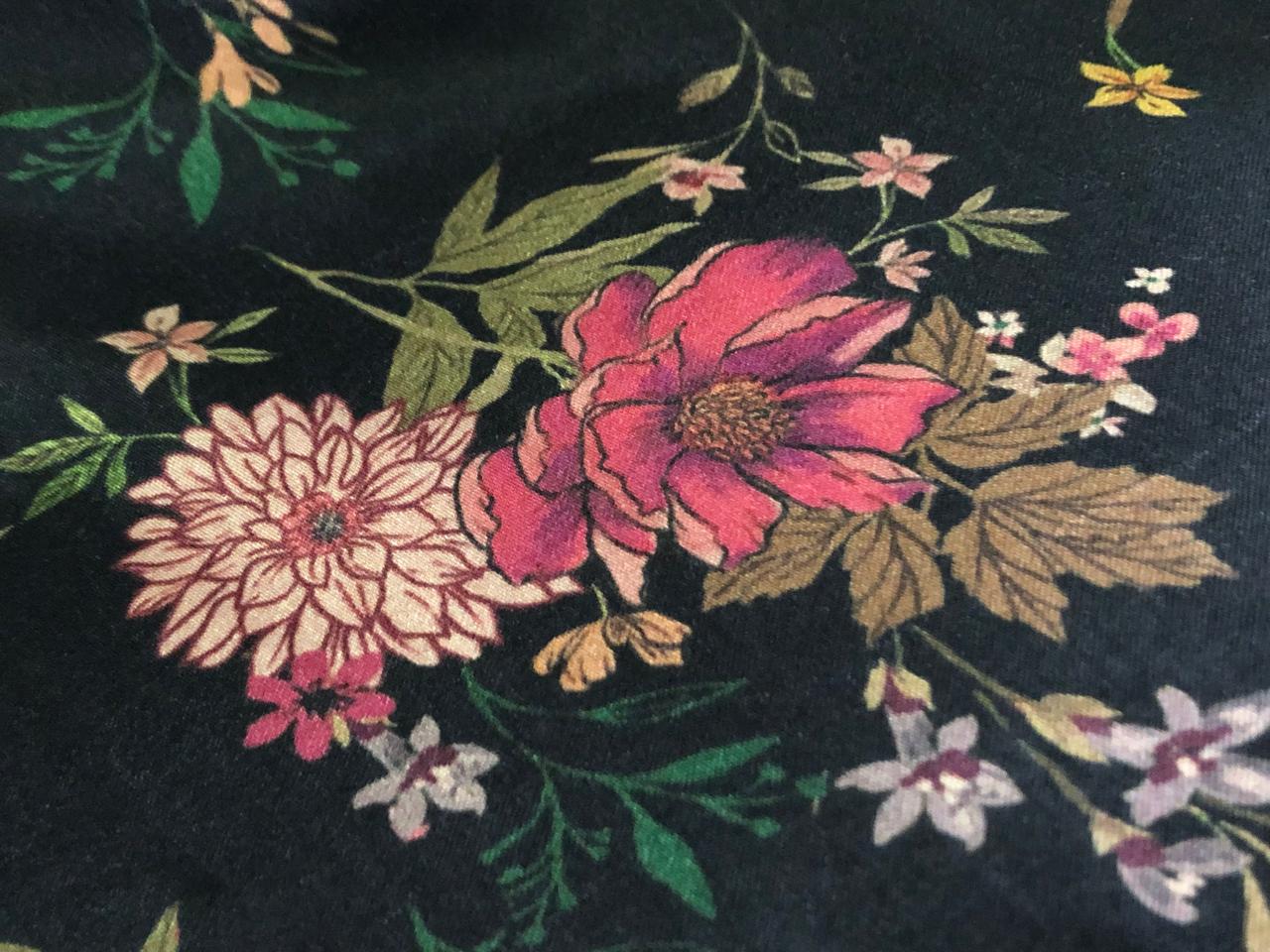 Viscose  Modal Satin fabric Digital pink,cream,orange,peach,green Floral Print 44" wide available in 3 colors black, dark teal and mustard gold