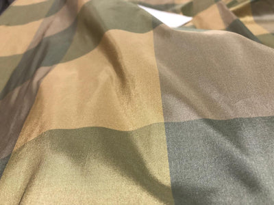 100% PURE SILK TAFFETA FABRIC PLAIDS  GREENS AND TAUPE   54"wide TAFNEWC12roll