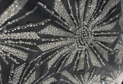 WHITE Net Fabric with SILVER color sequin,  PIPE BEADS and   WHITE PEARLS lycra 58'' Wide [16860]