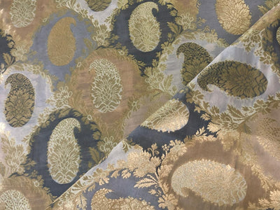 Silk Brocade fabric  slate blue and gold with gold paisley motif  jacquard  BRO965[2]