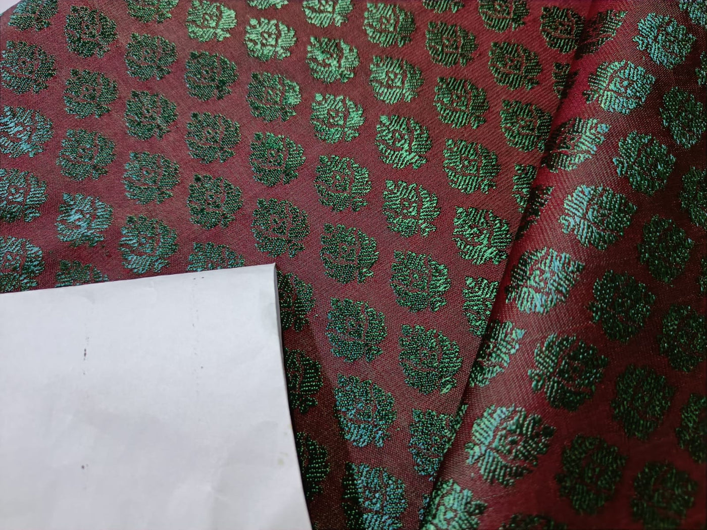 SILK BROCADE FABRIC Rusty Wine & Green color 44" wide BRO211[6]