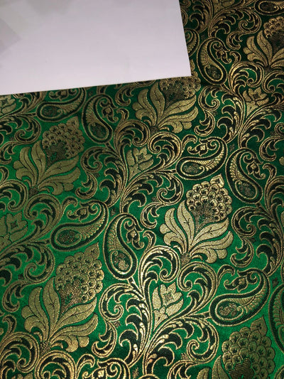 SILK BROCADE FABRIC GREEN WITH METALLIC GOLD 42" WIDE BRO402[4]