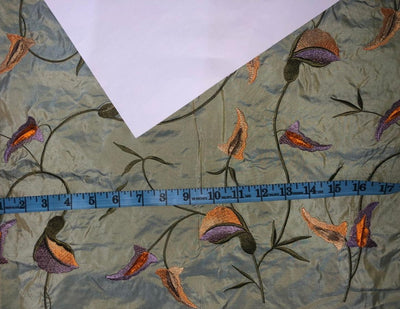 100% Silk TAFFETA EMBROIDERY 44" WIDE iridescent blue green   with  purple and orange  flowers TAFE22[2]