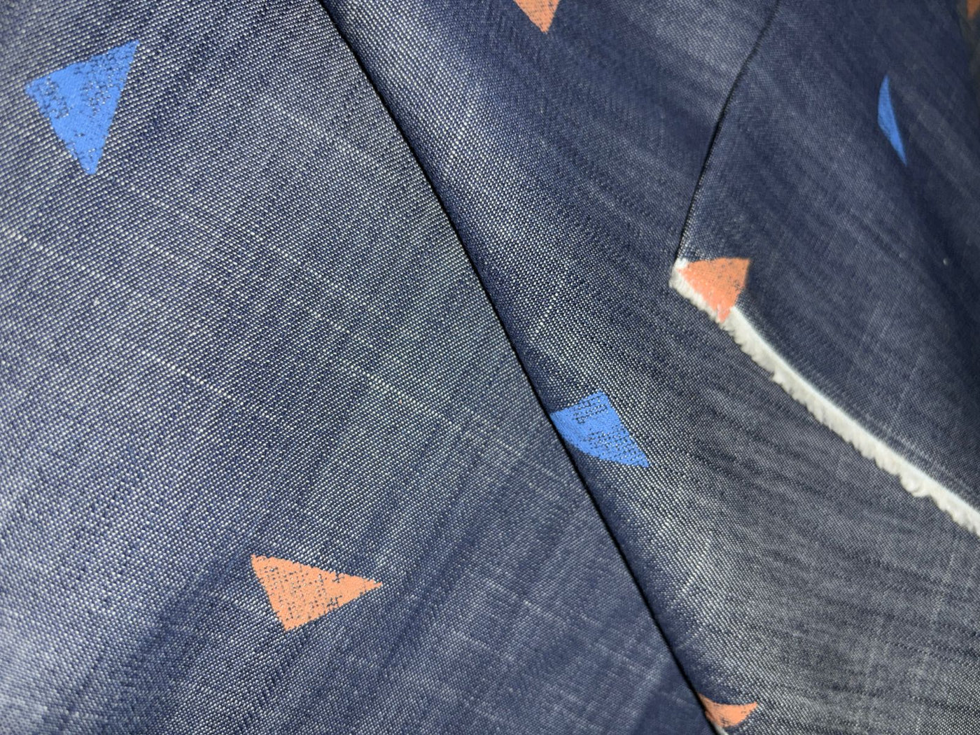 100% Cotton Denim  Fabric 58" wide mustard and blue triangles [16203]