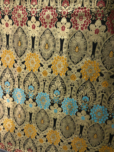 Silk Brocade Fabric BLACK ,metallic gold ,red ,blue and mustard Color 44" wide BRO775[5]