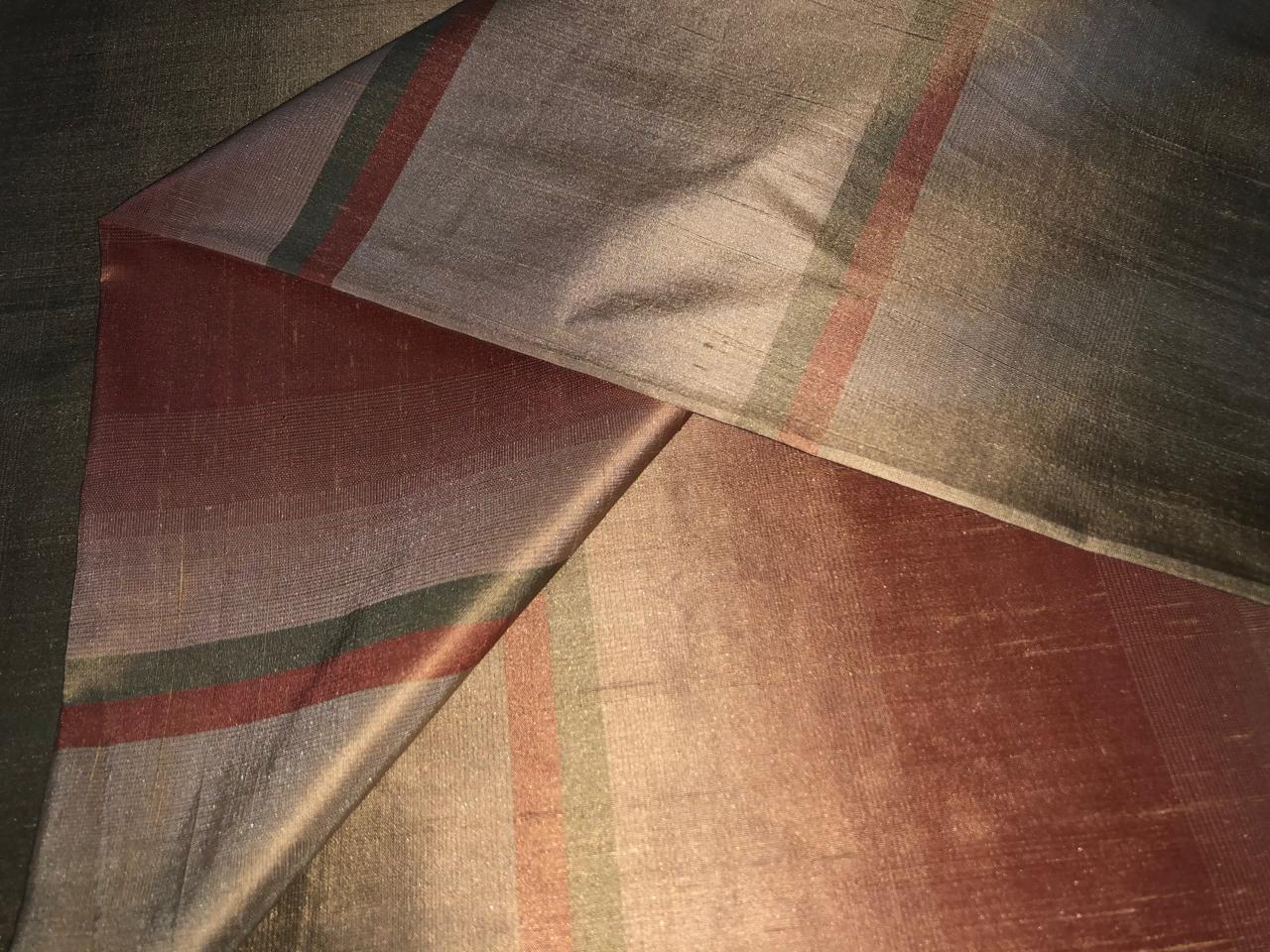 PURE SILK Dupioni FABRIC Golden Green ,salmon pink and golden olive color Stripes DUPS15[1]