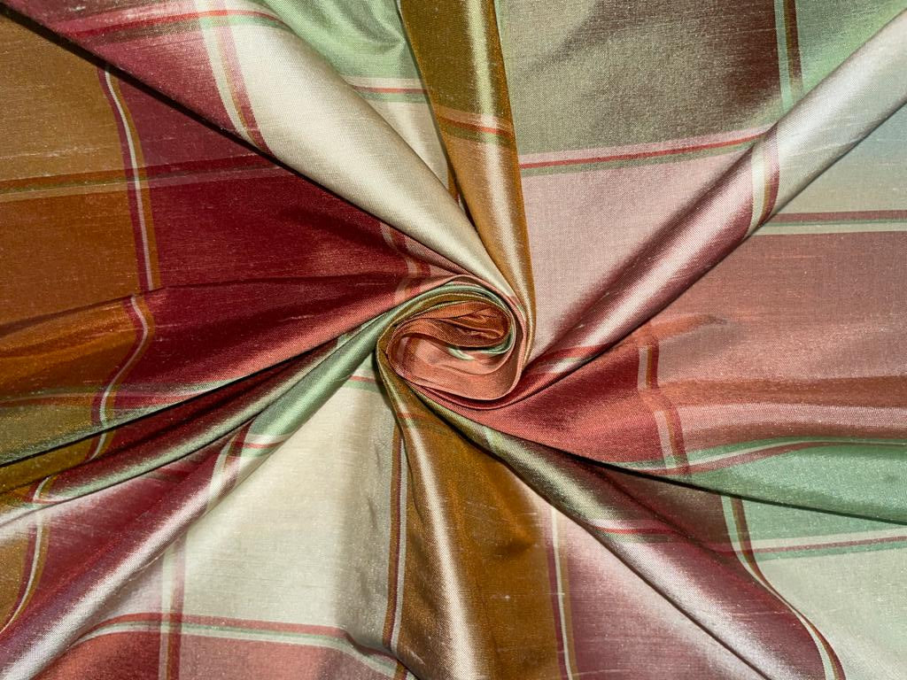 Silk Dupioni Fabric Plaids Shades of green/cream/orange color 54" wide DUP#C101[2]