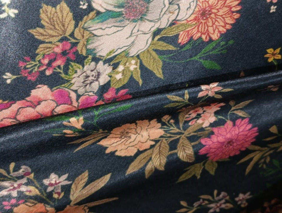 Viscose  Modal Satin fabric Digital pink,cream,orange,peach,green Floral Print 44" wide available in 3 colors black, dark teal and mustard gold