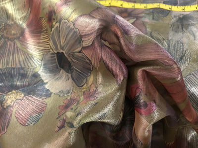 Silk metallic tissue organza fabric FLORAL JACQUARD 44 INCHES WIDE available in 2 colors grey with gold, pink ,blue flowers AND greeny gold with pink and orange flowers