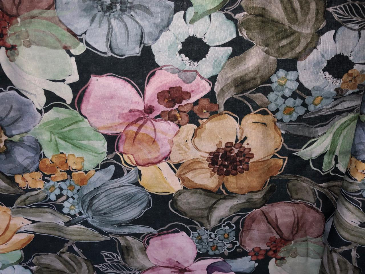 100% linen Floral digital print fabric 44" wide available in 3 colors grey, pink, mustard/mustard ,pink, grey, purple and purple, dusty green