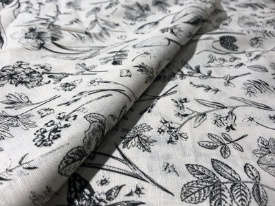 100% linen  digital print fabric 44" wide available in 4 PRINTS CREAM ABSTRACT WITH SEA GREENS,GREENY GREY FLORAL,ELEPHANT AND BLACK AND CREAMK FLORAL