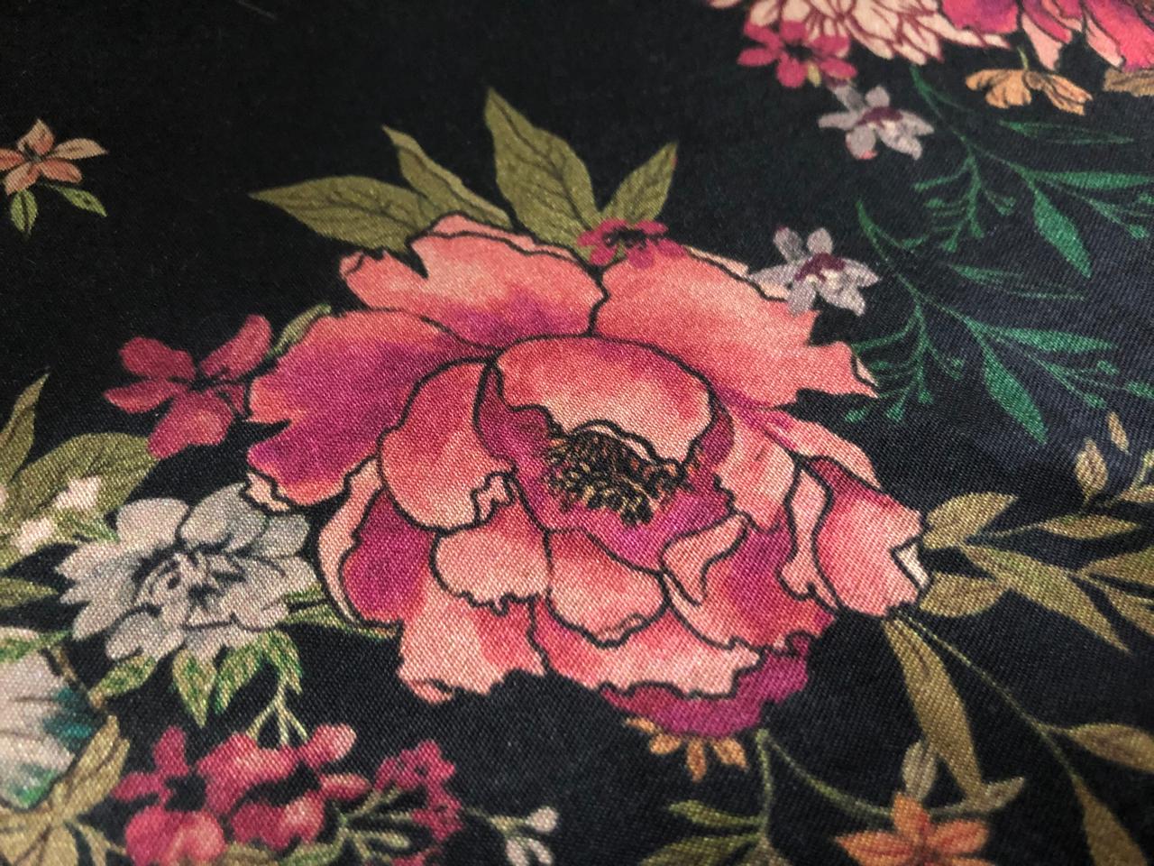 Viscose  Modal Satin fabric Digital pink,cream,orange,peach,green Floral Print 44" wide available in 3 colors black, dark teal and mustard gold