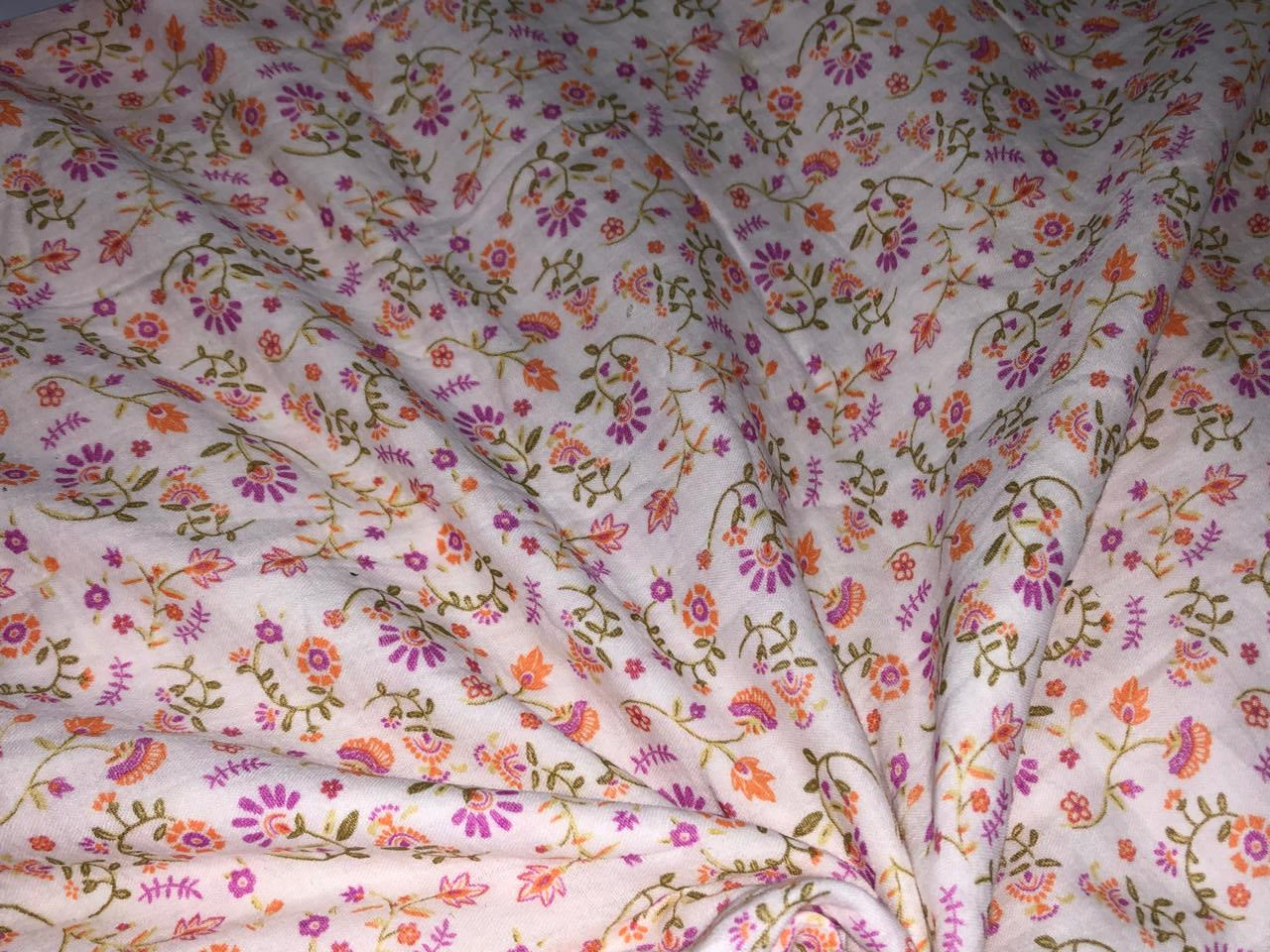 100% Cotton double cloth cotton print available in 4 different prints beach palms / blueish grey floral / pretty dainty pink orange floral AND dark ivory orange flower motif