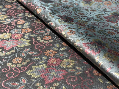 Silk Brocade fabric 44" wide silver grey with pink and yellow flowers  FLORAL JACQUARD  BRO959[3]