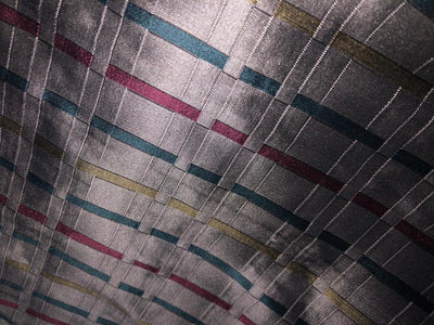 100% Silk Taffeta Jacquard Fabric  GREY jacquard plaids  with gold, kingfisher green and watermelon pink stripes 54" wide TAFJACNEW14[3]