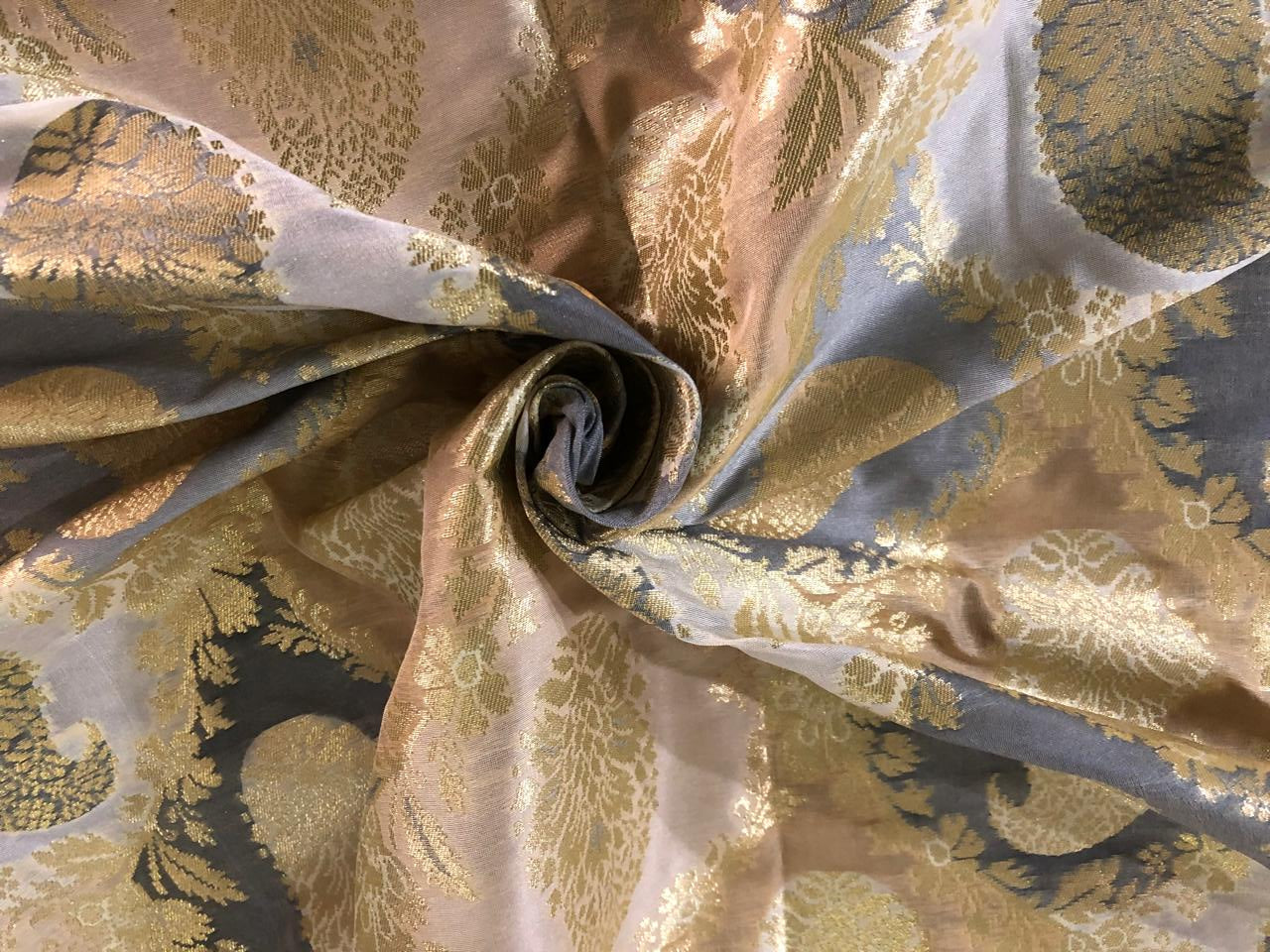 Silk Brocade fabric  slate blue and gold with gold paisley motif  jacquard  BRO965[2]