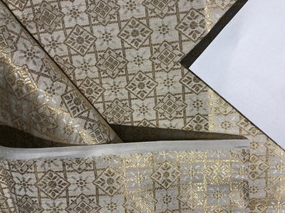 Silk Brocade fabric  WHITE WITH METALIC GOLD PLAIDS AND FLORAL MOTIF IN CENTER  jacquard  BRO1004[2]