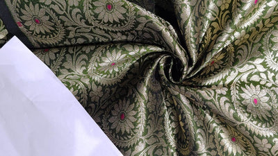 Silk Brocade Fabric  jacquard 44" wide  BRO974A available in 3 colors peacock green/deep olive and pink x orange