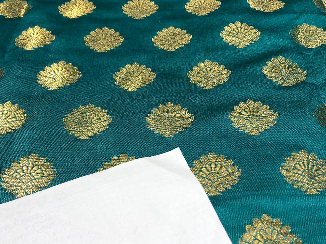 Silk Brocade fabric with Metallic gold motif Jacquard  44" wide  available in 5 colors DARK BOTTLE GREEN/ GREEN/ GOLDEN BEIGE BLUE and KINGFISHER BLUE BRO928