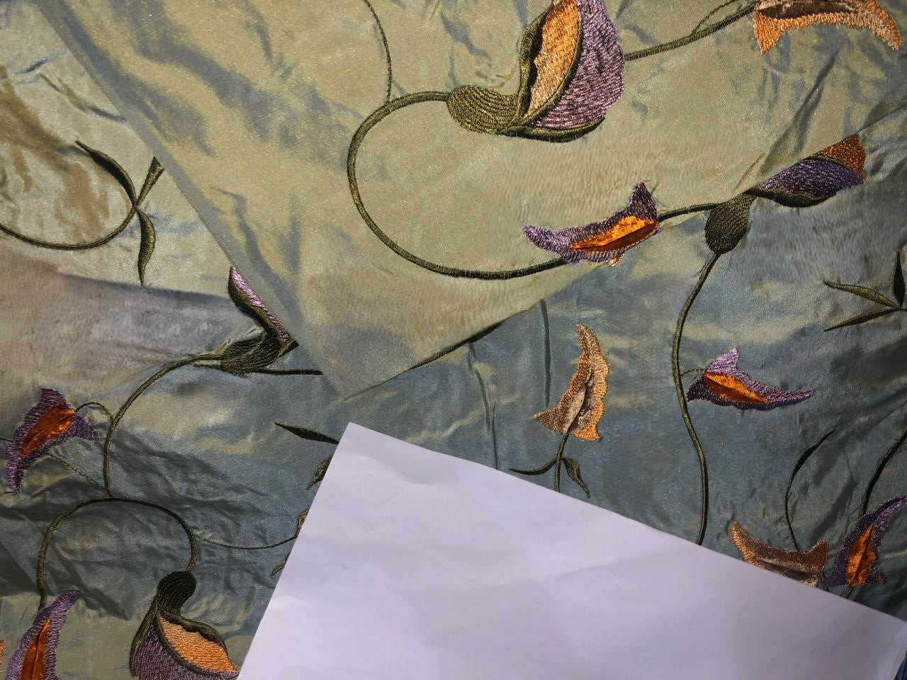 100% Silk TAFFETA EMBROIDERY 44" WIDE iridescent blue green   with  purple and orange  flowers TAFE22[2]