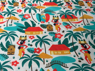 COTTON FEEL POLY MUSLIN PRINTED FABRIC 56" wide TROPICAL/ BEACH WEAR IN 4 DIFFERENT DESIGNS AND COLORS mustard palm, fancy waitress, holiday geometric and grey floral